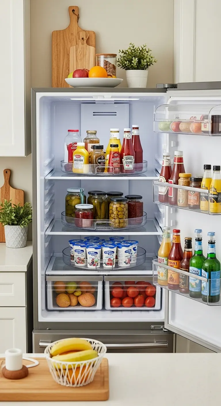 25. Use Lazy Susans for Fridge Organization