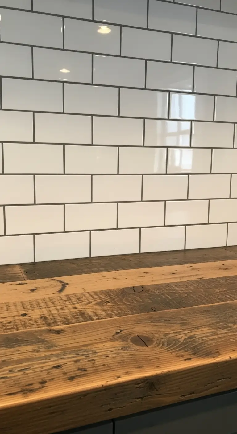 26. Subway Tiles with Reclaimed Wood Countertop