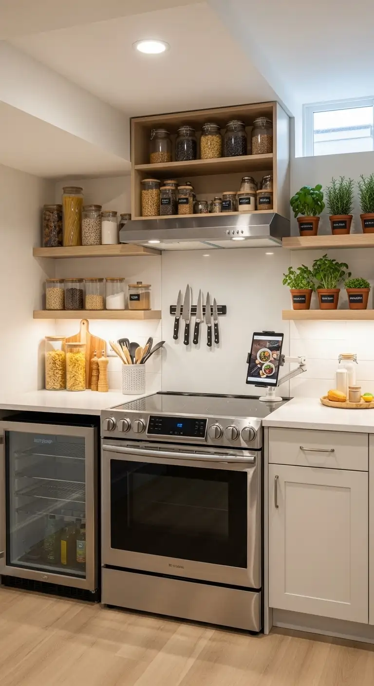 Basement Kitchenette with Stove and Smart Organization