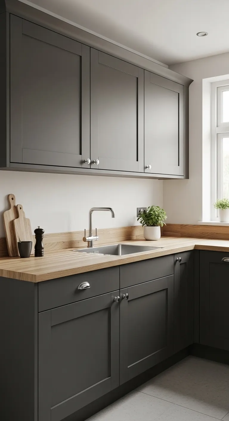 Charcoal Cabinets with Light Wood Countertops