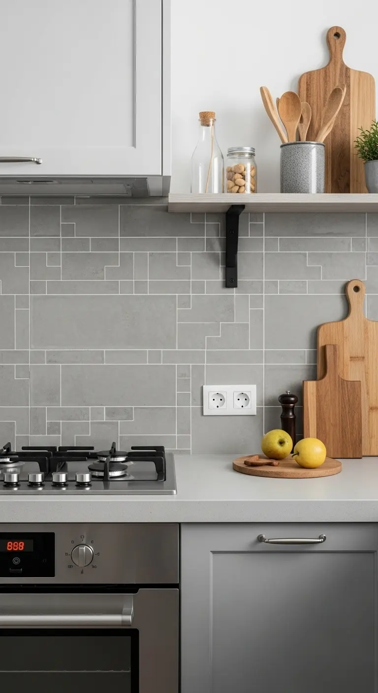 3. Light Gray Ceramic Tiles with Concrete Counters