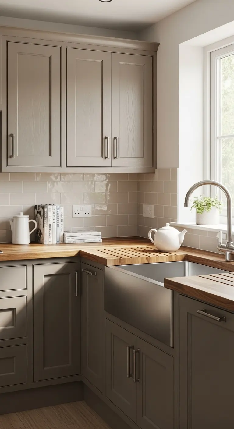 Warm Taupe Cabinets with Butcher Block Countertops