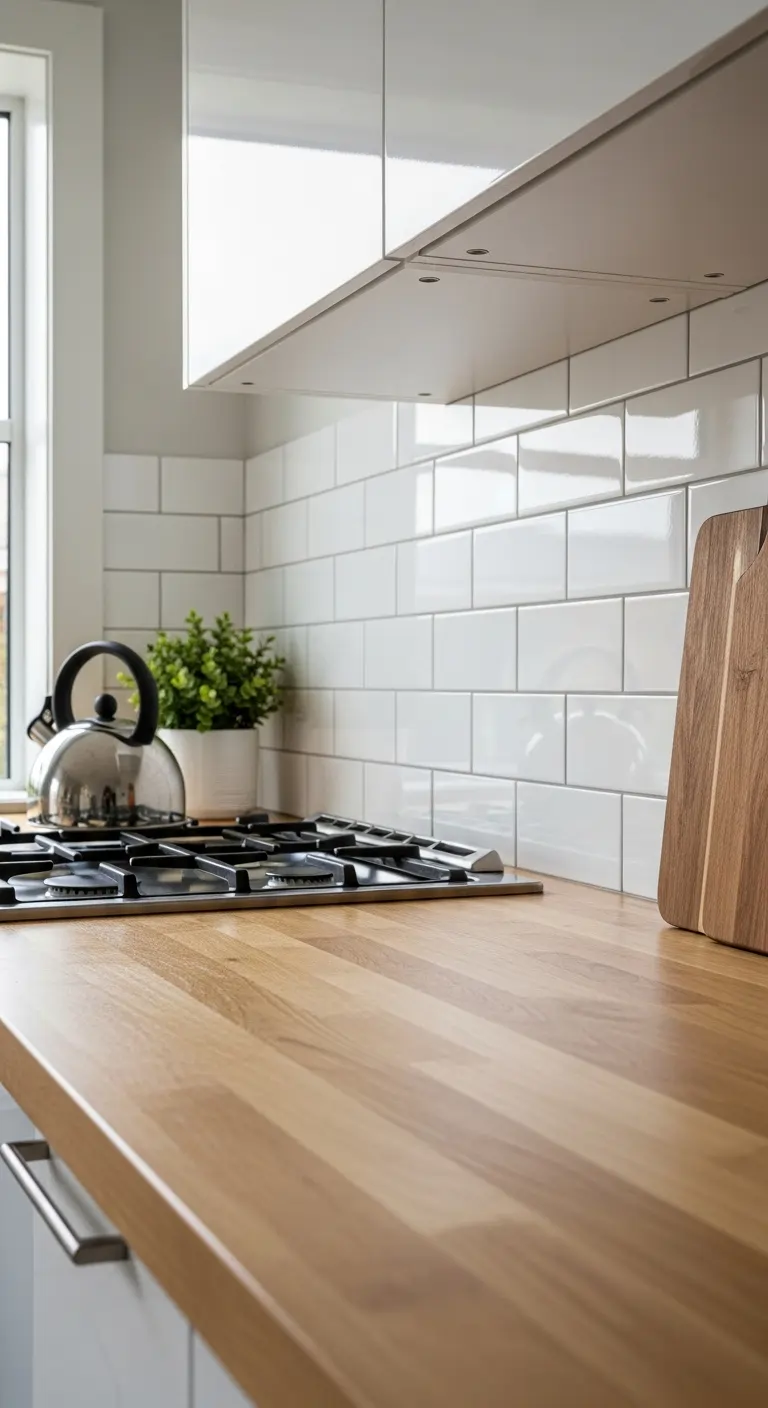 4. Glossy White Tiles with Wood Counters