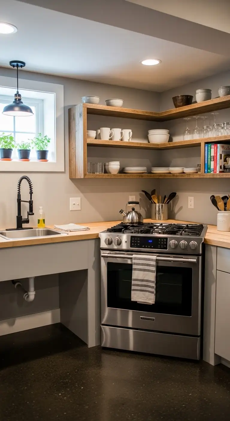 Corner Stove with Open Shelving for Style