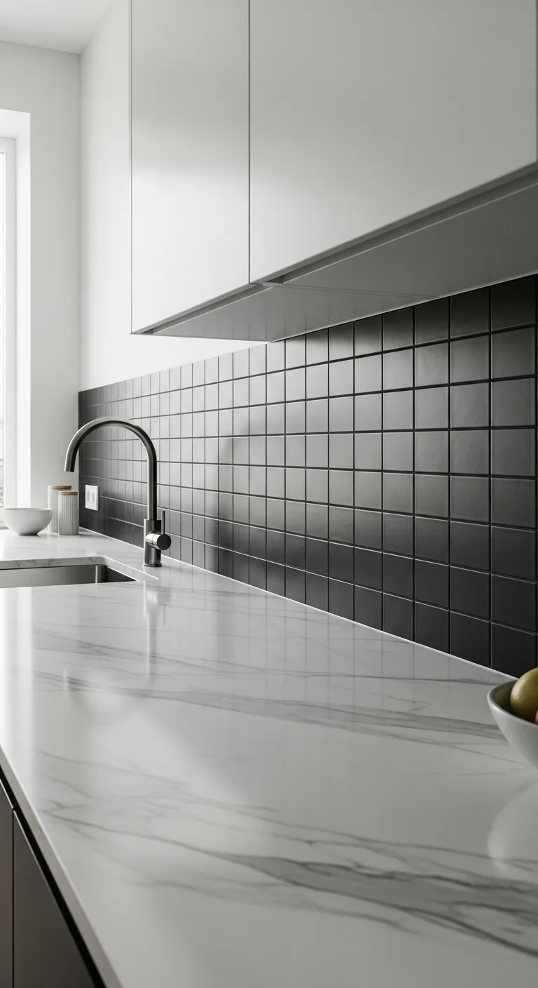 5. Matte Black Tiles with White Marble Countertop