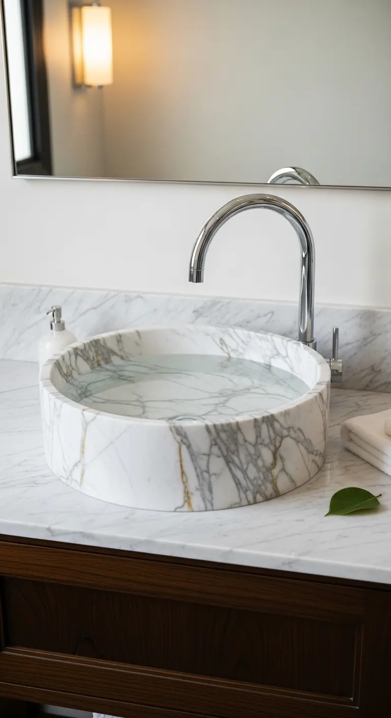 Round Calacatta Marble Vessel Sink for Bathrooms