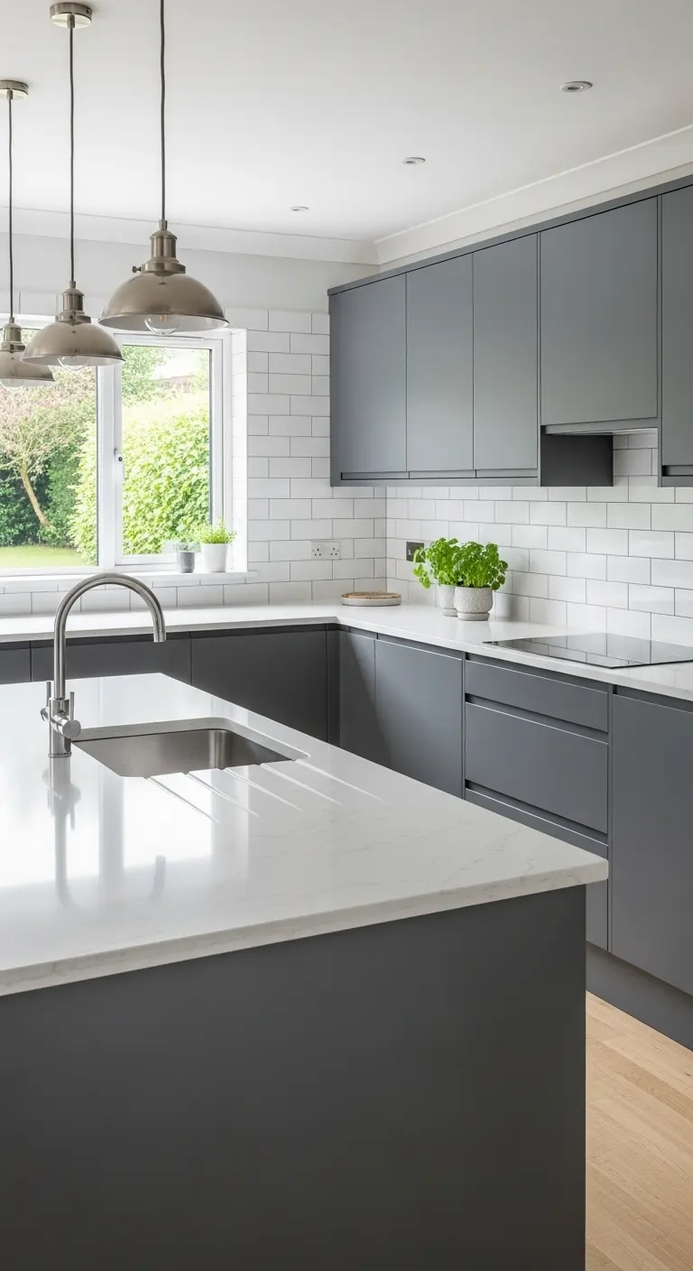 Charcoal Cabinets with White Quartz Countertops
