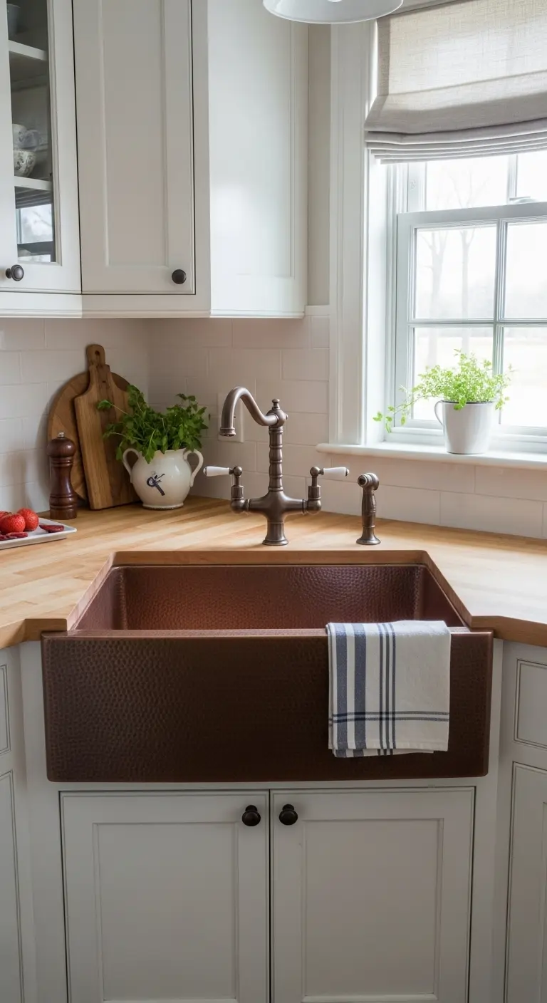 6. Farmhouse Copper Corner Sink