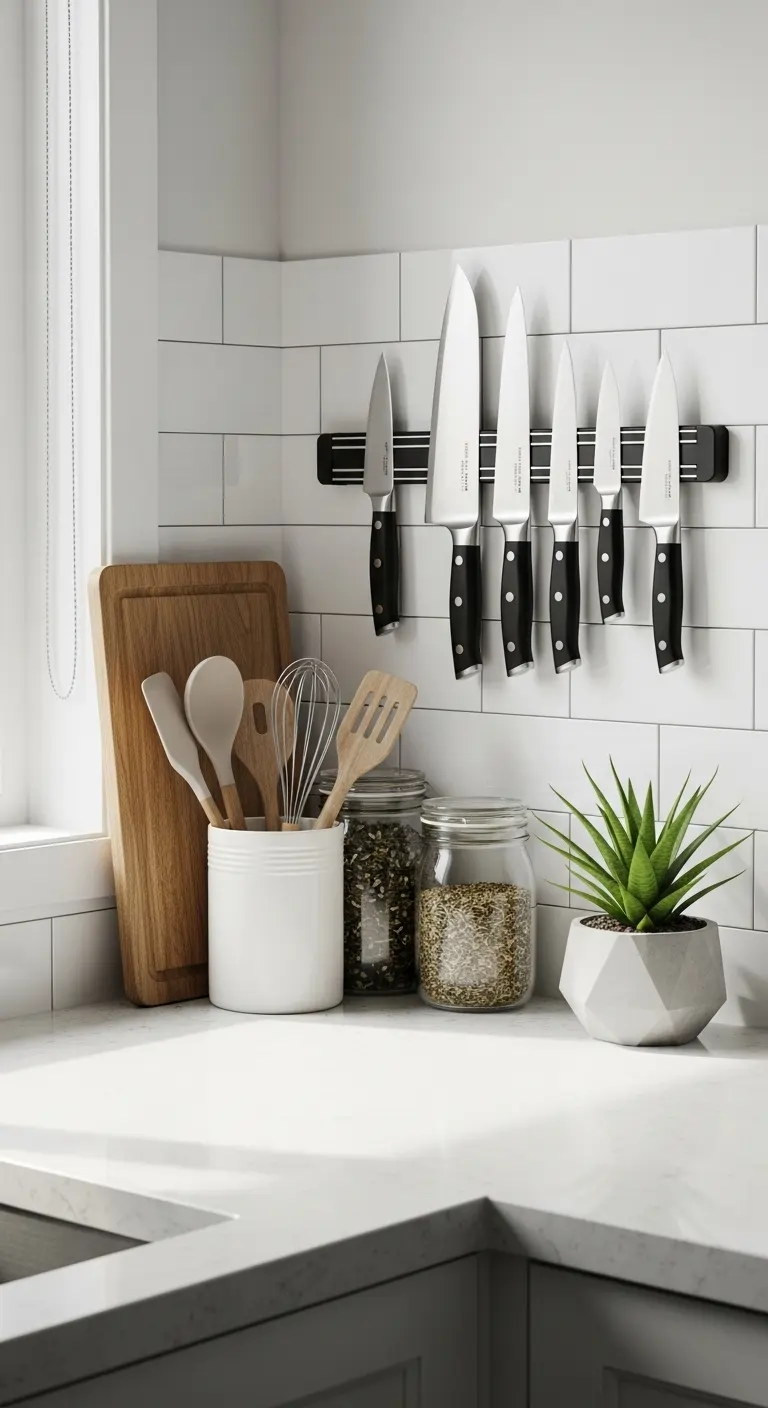 6. Install Magnetic Knife Strips Above the Counter