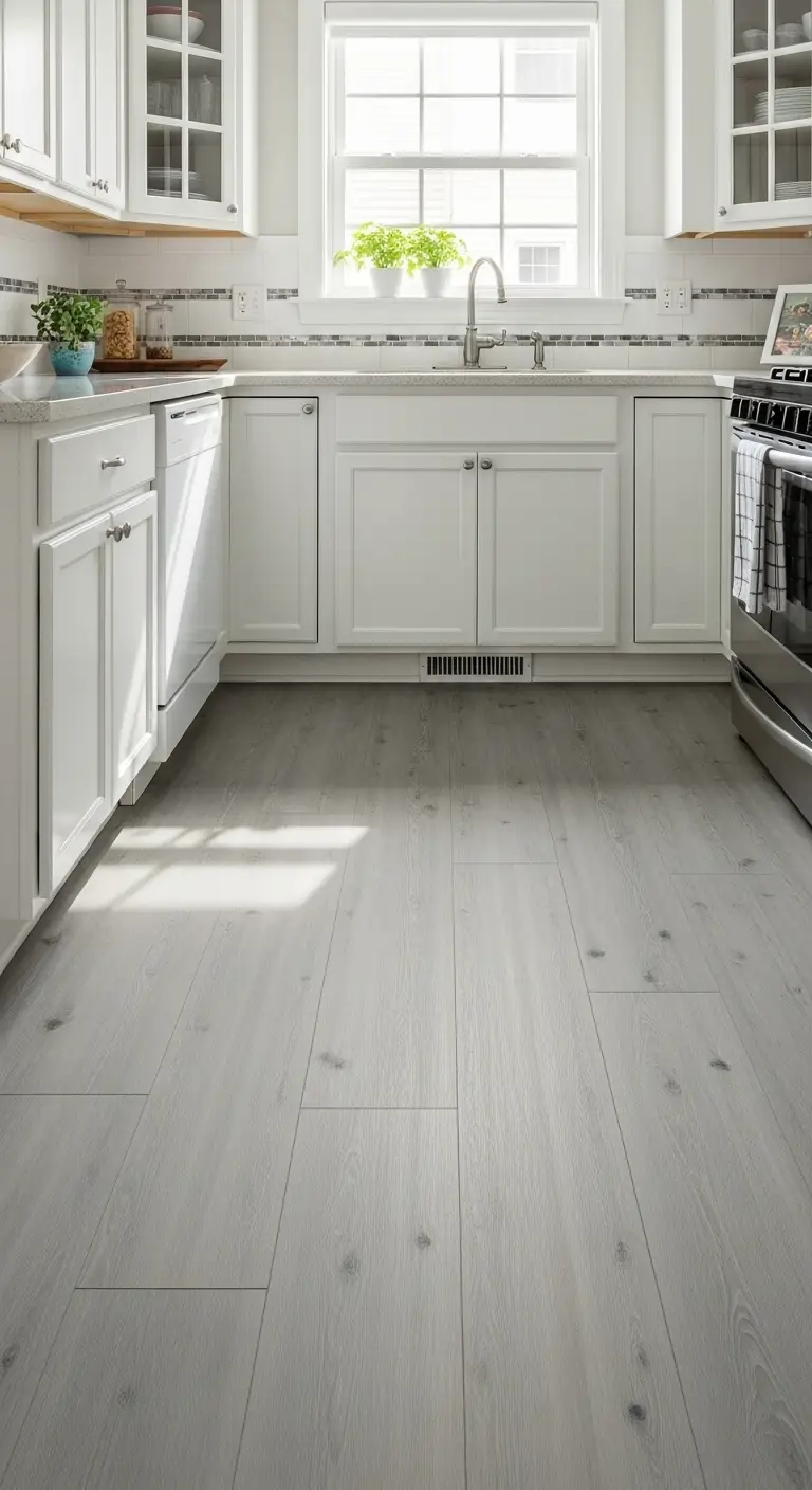 6. Light Grey Vinyl Plank Flooring
