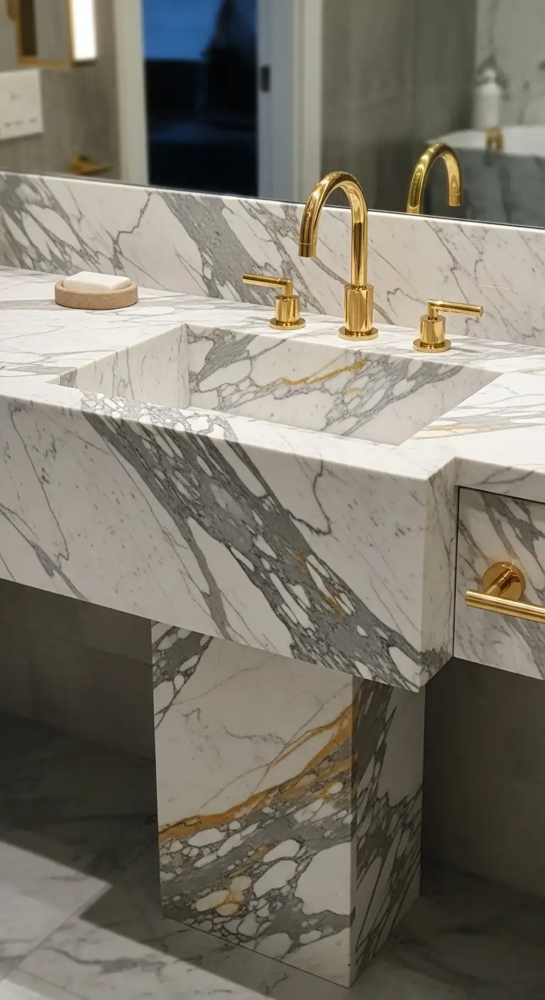 Statement Calacatta Marble Sink with Brass Fixtures