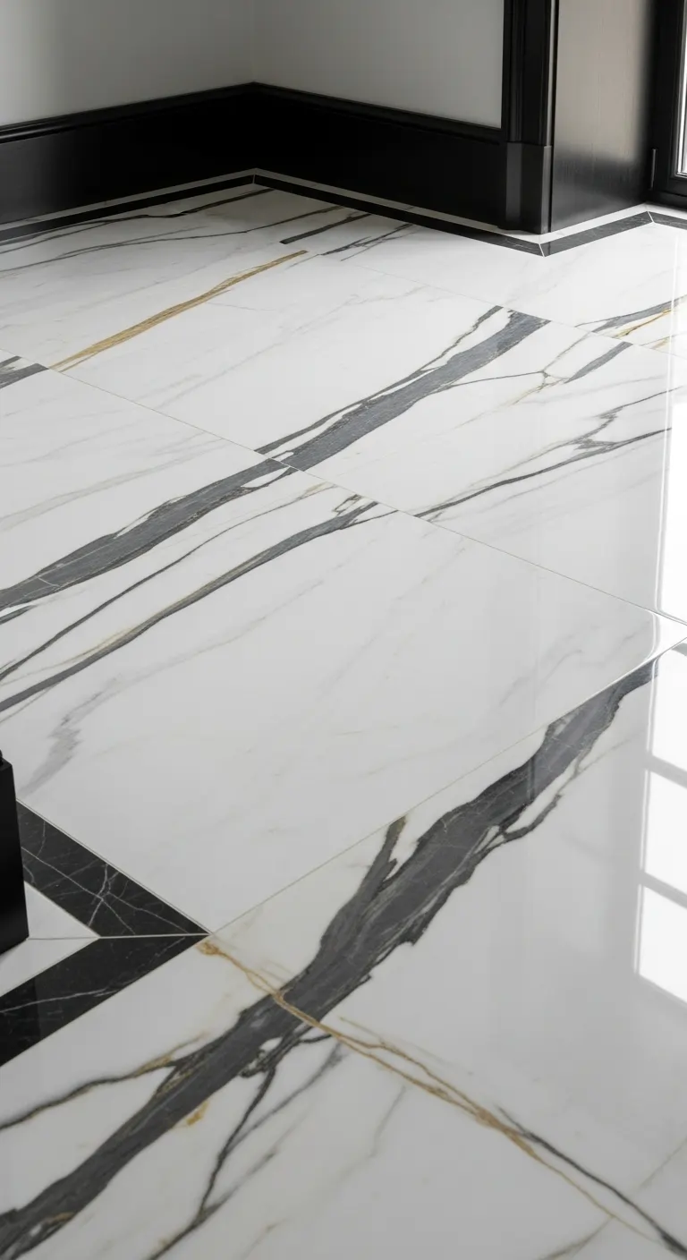 Contrasting Dark Baseboards with Calacatta Floors