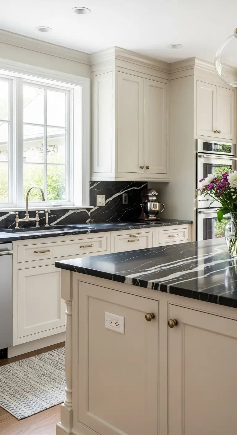 Cream Cabinets with Dark Marble Countertops