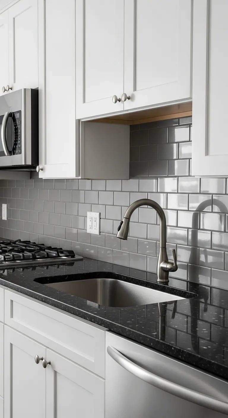 7. Gray Subway Tile with Black Granite Countertop
