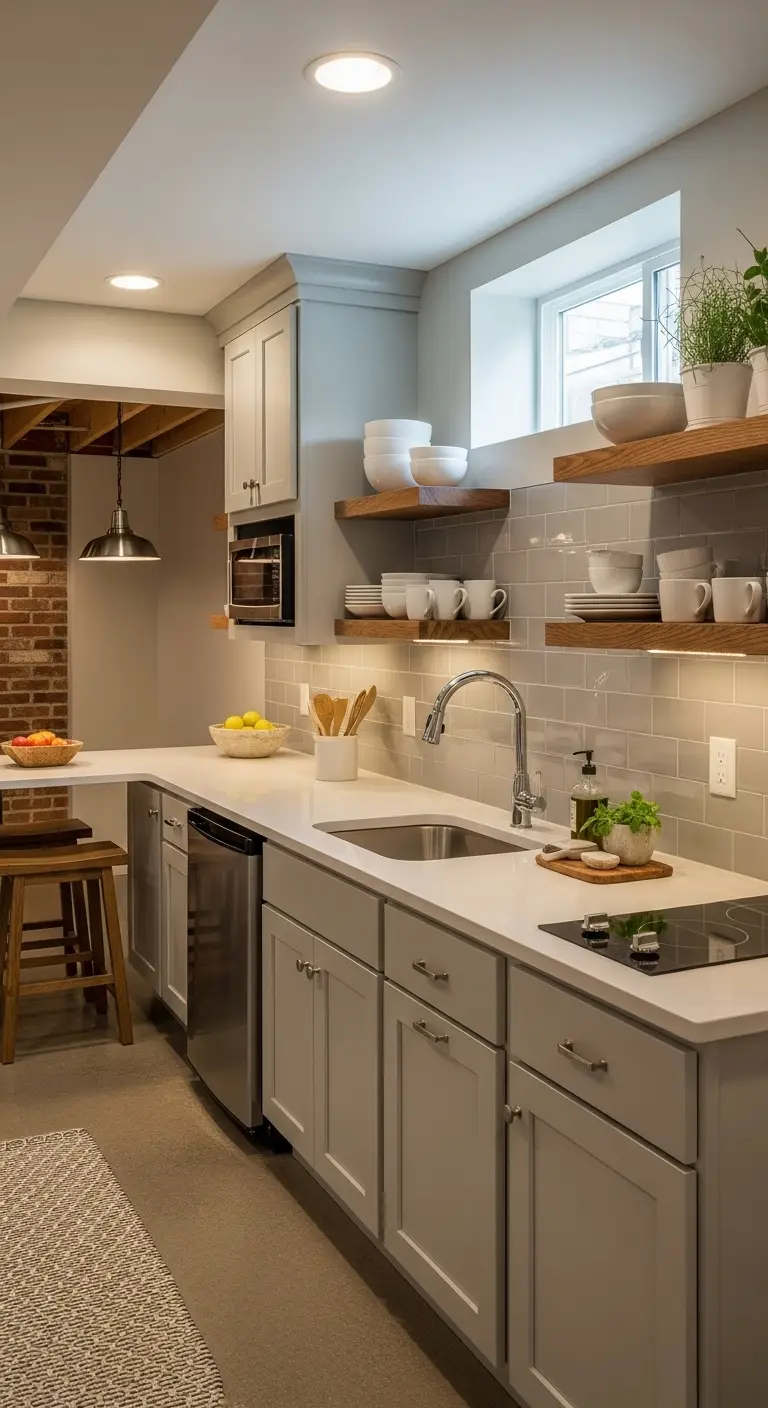 Open Shelving Basement Kitchenette