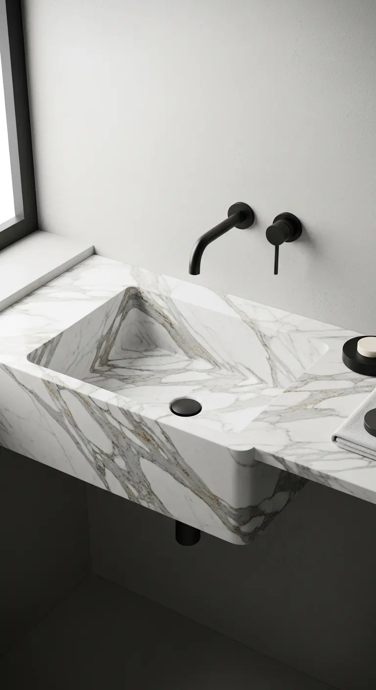 Shallow Calacatta Marble Sink for Compact Spaces