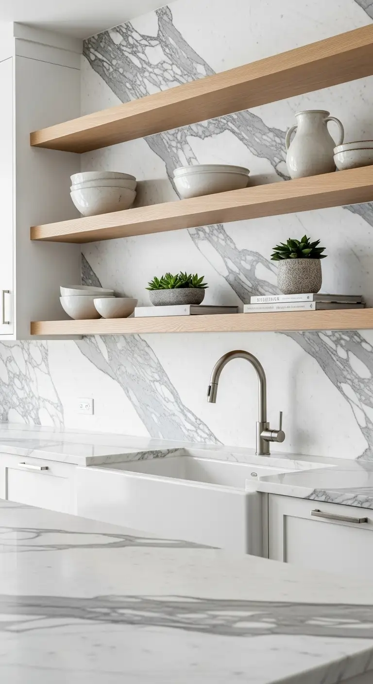 8. Calacatta Marble with Open Shelving