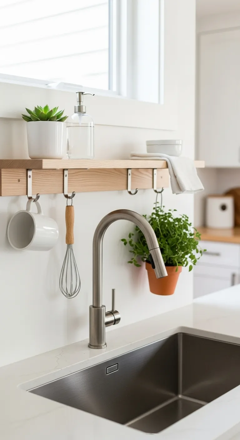 8. Minimalist Floating Shelf with Hooks