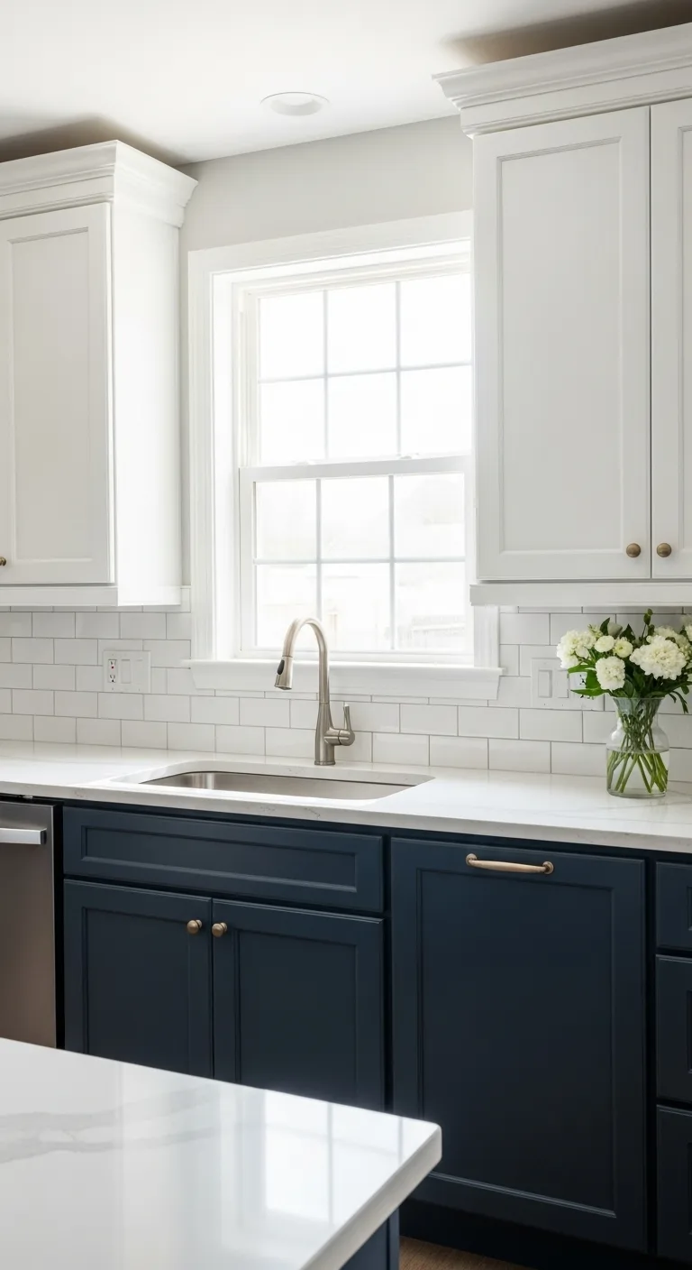 Two-Tone: White Upper Cabinets with Navy Lower Cabinets