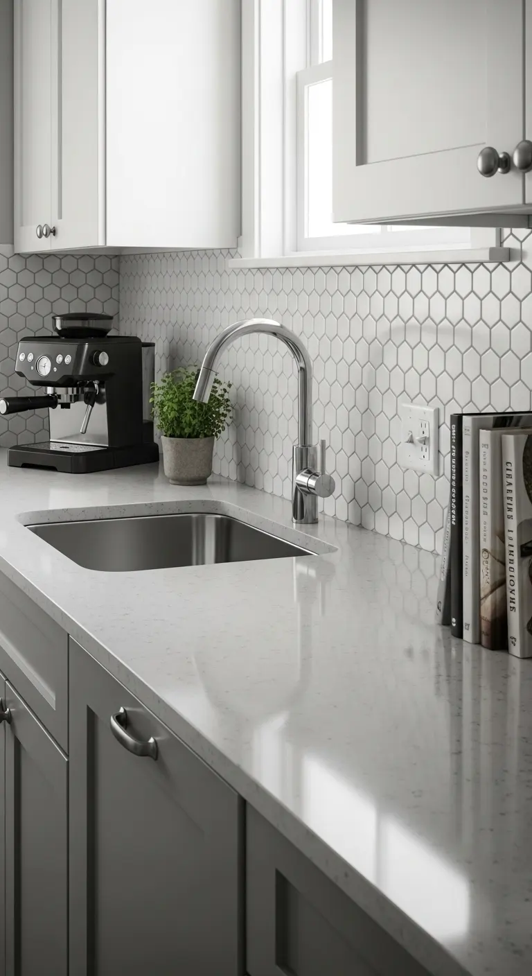8. White Hexagon Tile with Gray Quartz Countertop