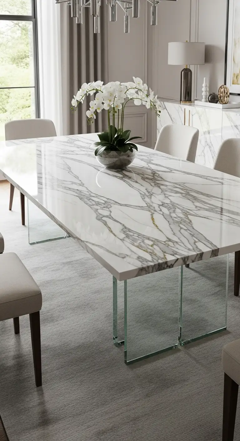 9. Calacatta Marble Paired with Glass Legs