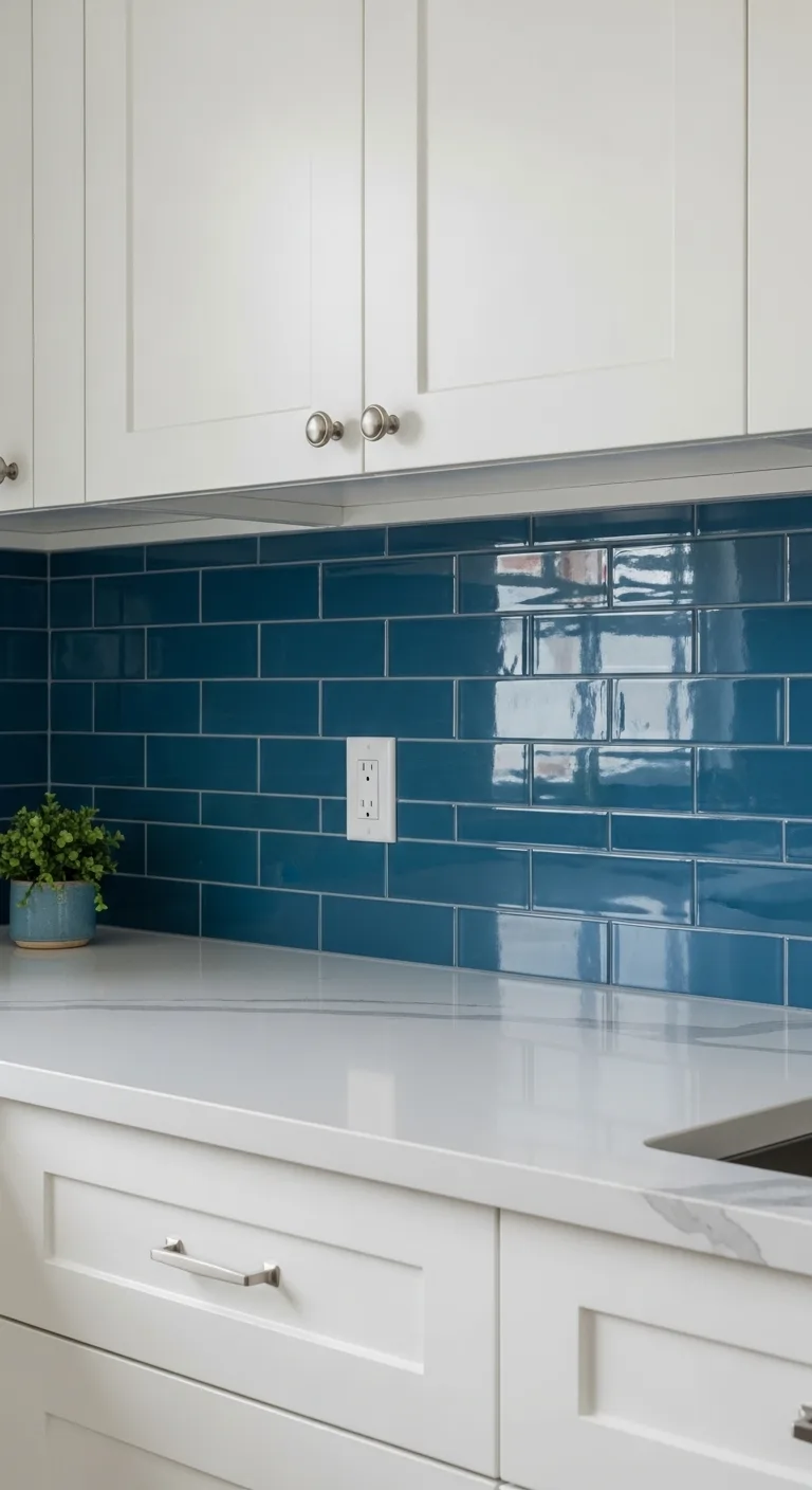 9. Glossy Blue Tiles with White Solid Surface Countertop