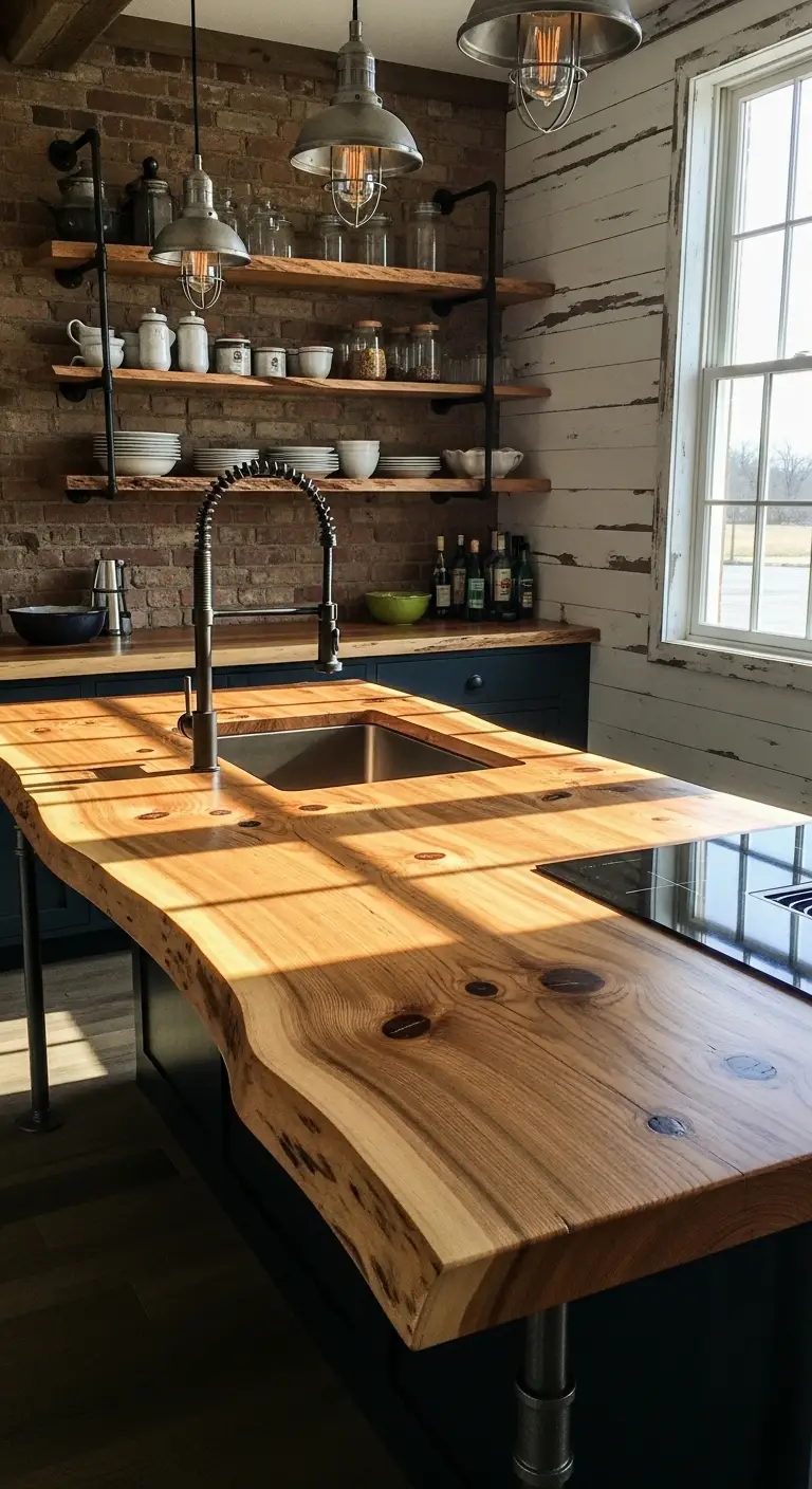 Rustic Pine Slab with Industrial Accents