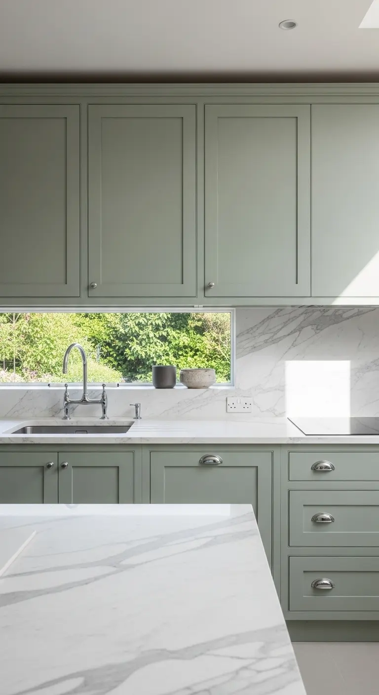 Soft Sage Cabinets with White Marble Countertops