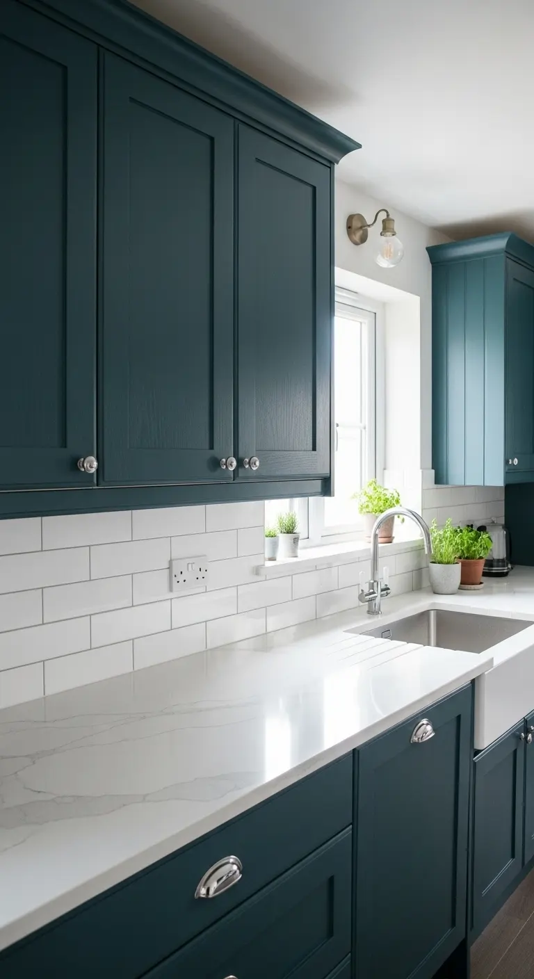 Teal Cabinets with White Quartz Countertops