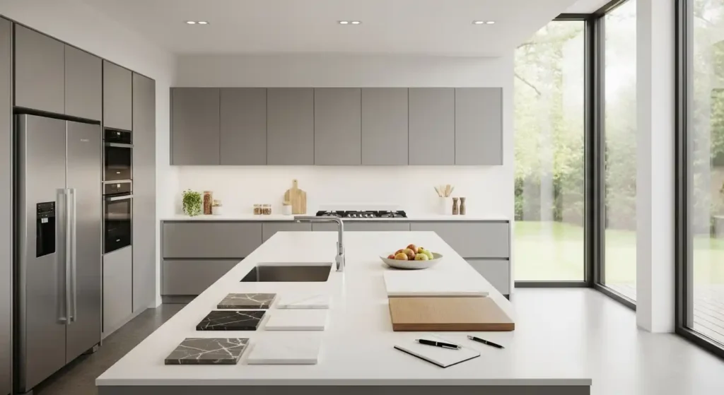 A modern kitchen interior with a clean design featuring a kitchen island, sleek cabinets, and large windows letting in natural light.