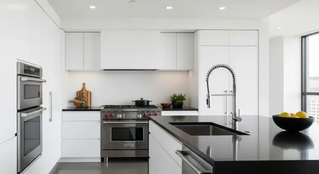 A modern kitchen with built-in stainless steel appliances, a kitchen island with an integrated sink and faucet, and white cabinetry.