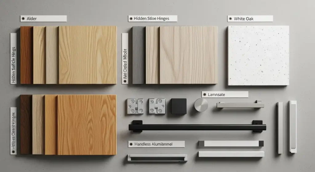 Close-up view of various kitchen materials and hardware samples arranged on a neutral surface.