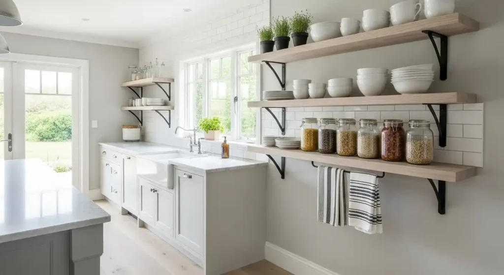 Open Kitchen Shelving in Modern Farmhouse Kitchen