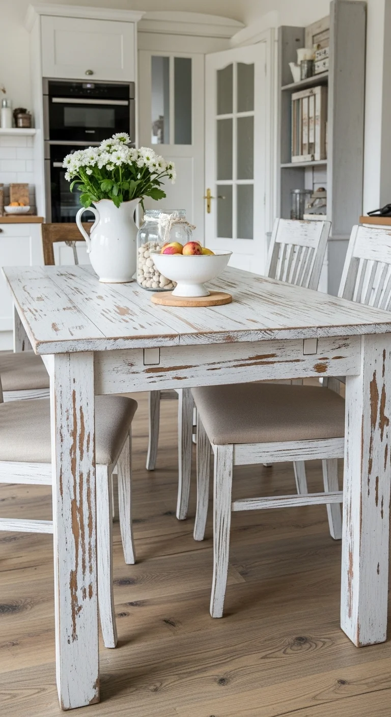 1. Distressed White Wooden Table