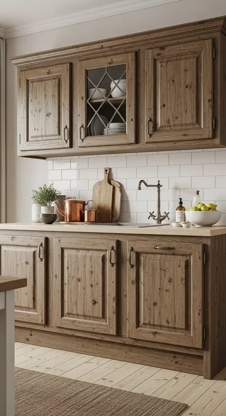1.Distressed Wood Cabinets For A Rustic Charm