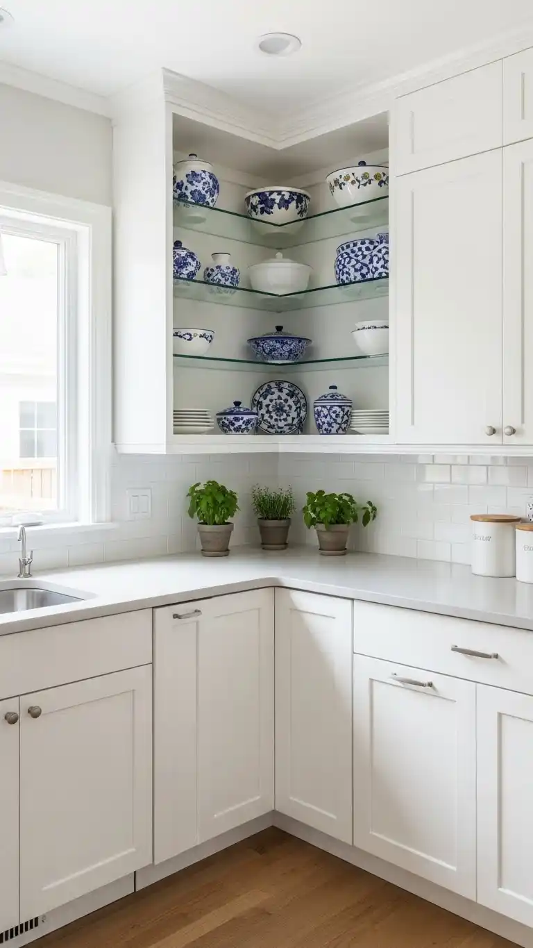 10. White Cabinets With Open Corner Units