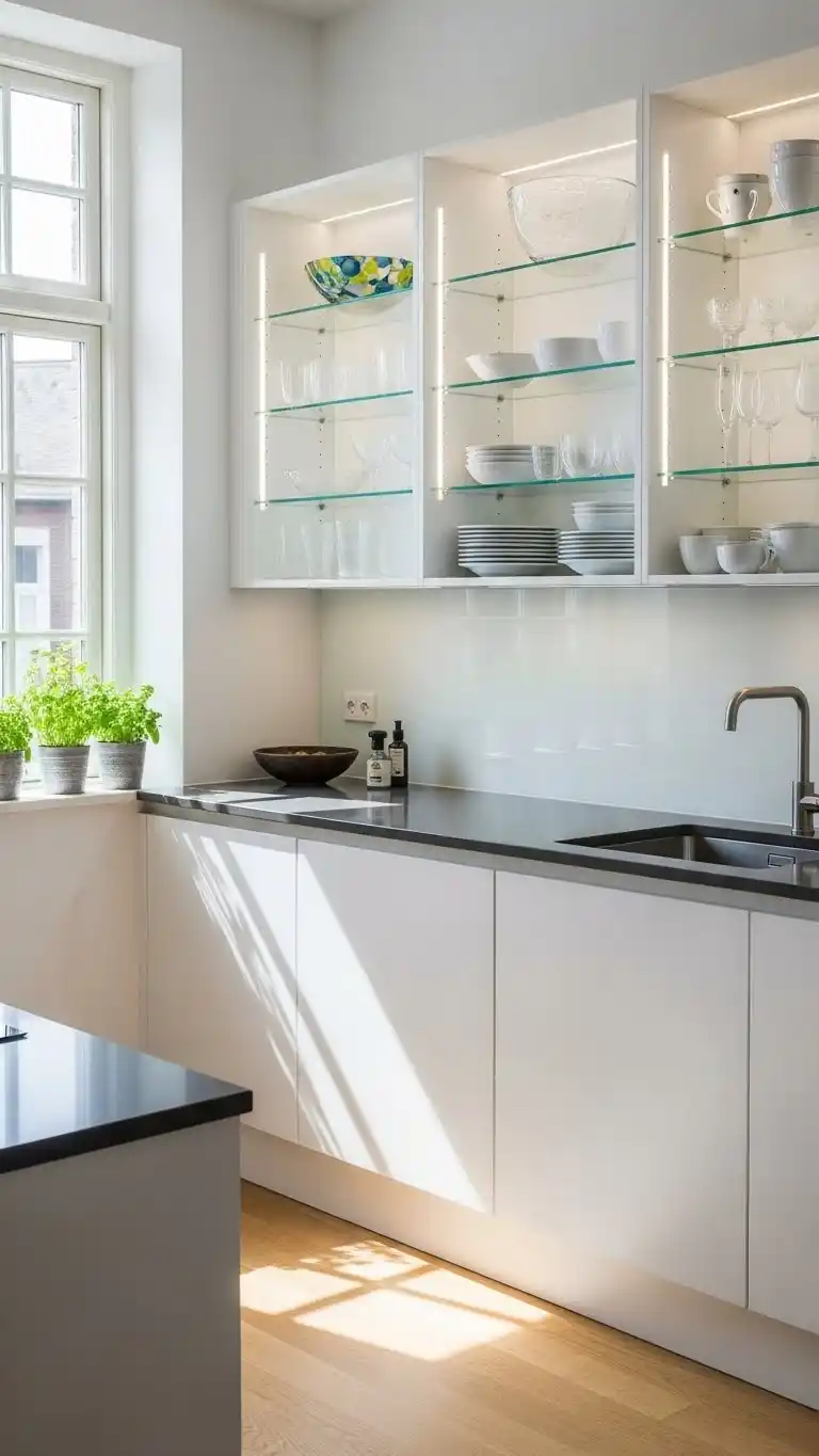 14. White Cabinets With Glass Shelving
