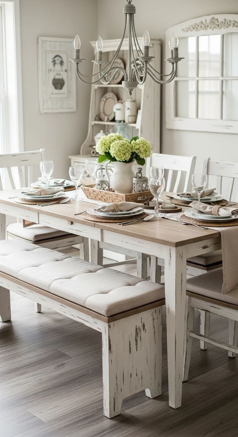 15. Shabby Chic Kitchen Table With Bench Seating