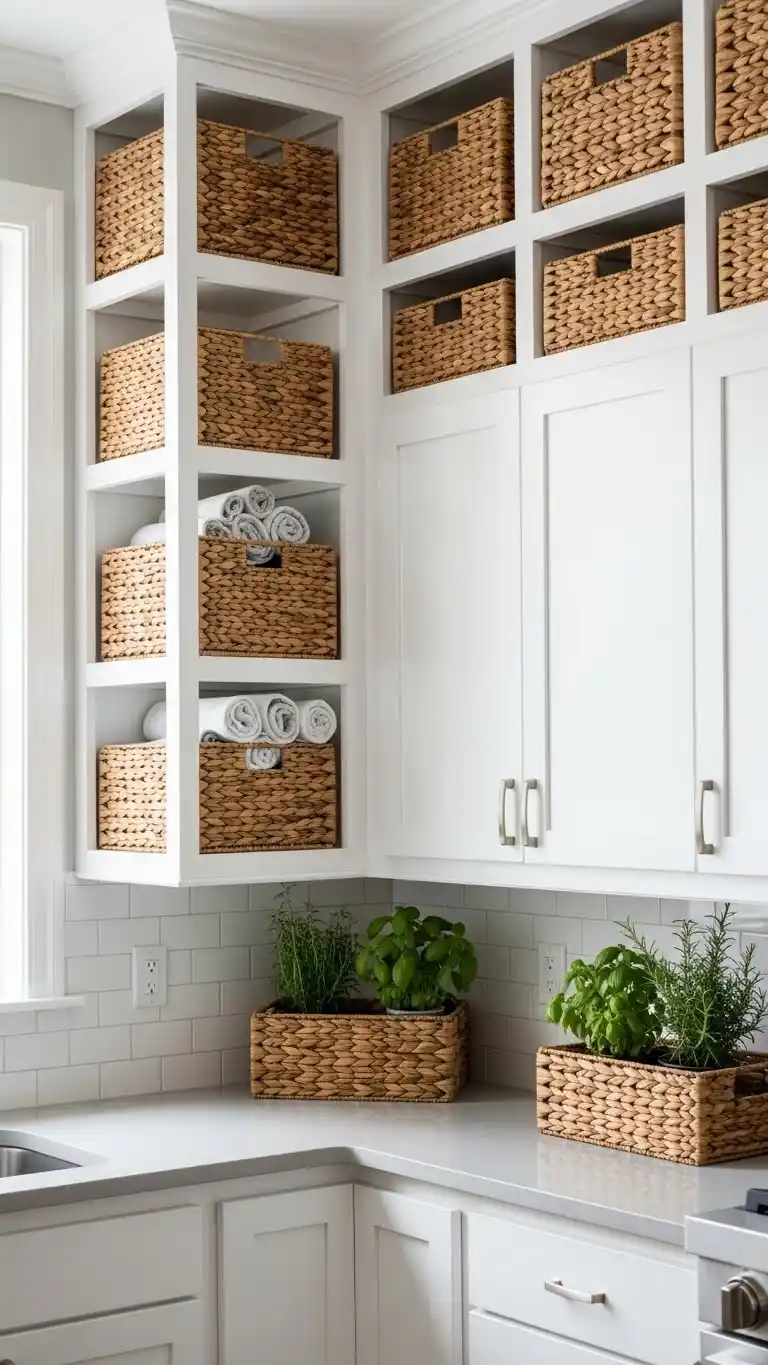 16. White Cabinets With Open Storage Baskets