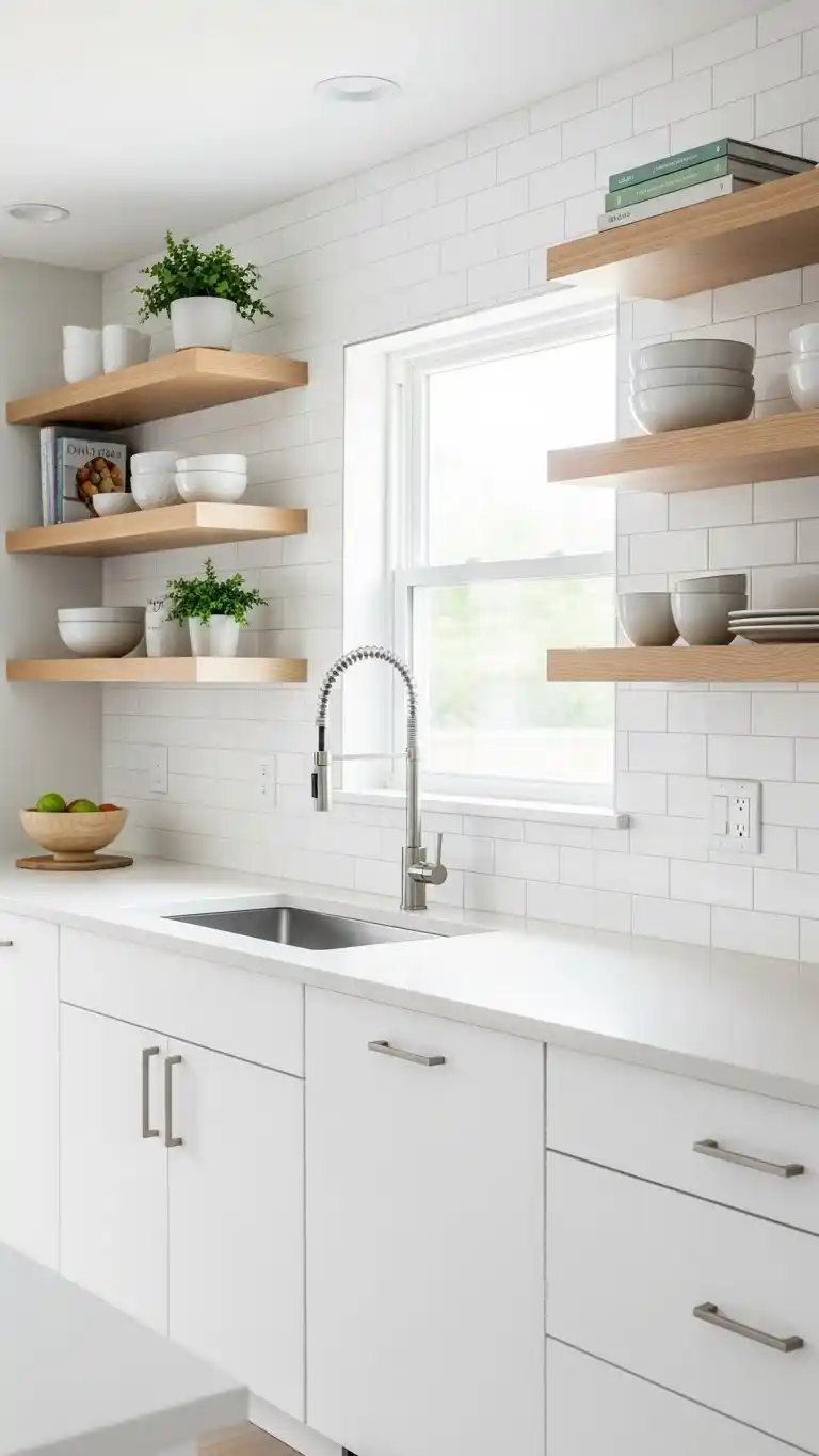 21. White Cabinets With Floating Shelves