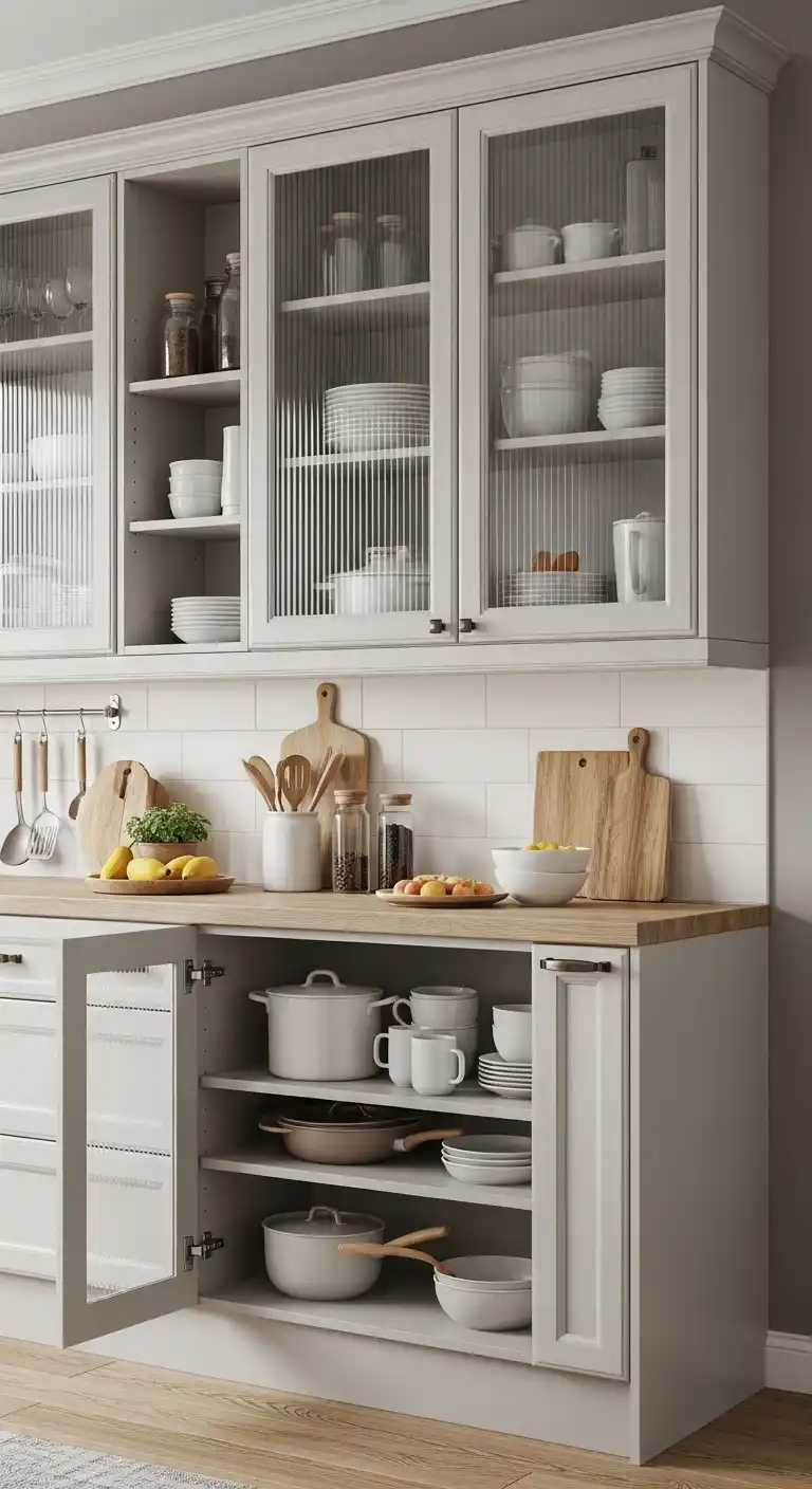 6. Open Shelving With Glass Inserts