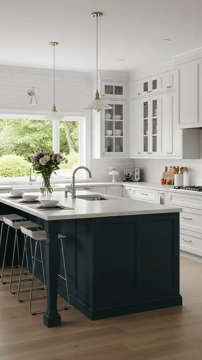 9. White Cabinets With Island Accent