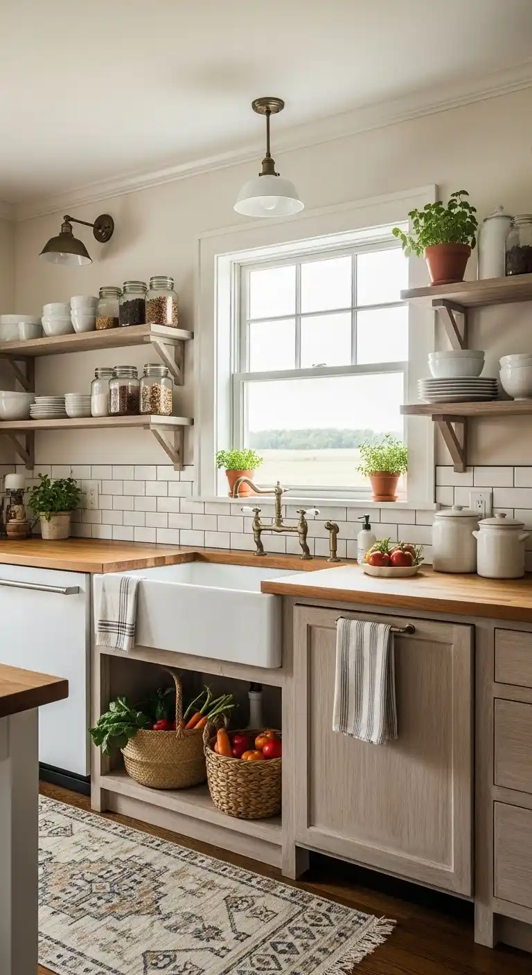 11. Farmhouse Inspired Open Cabinets