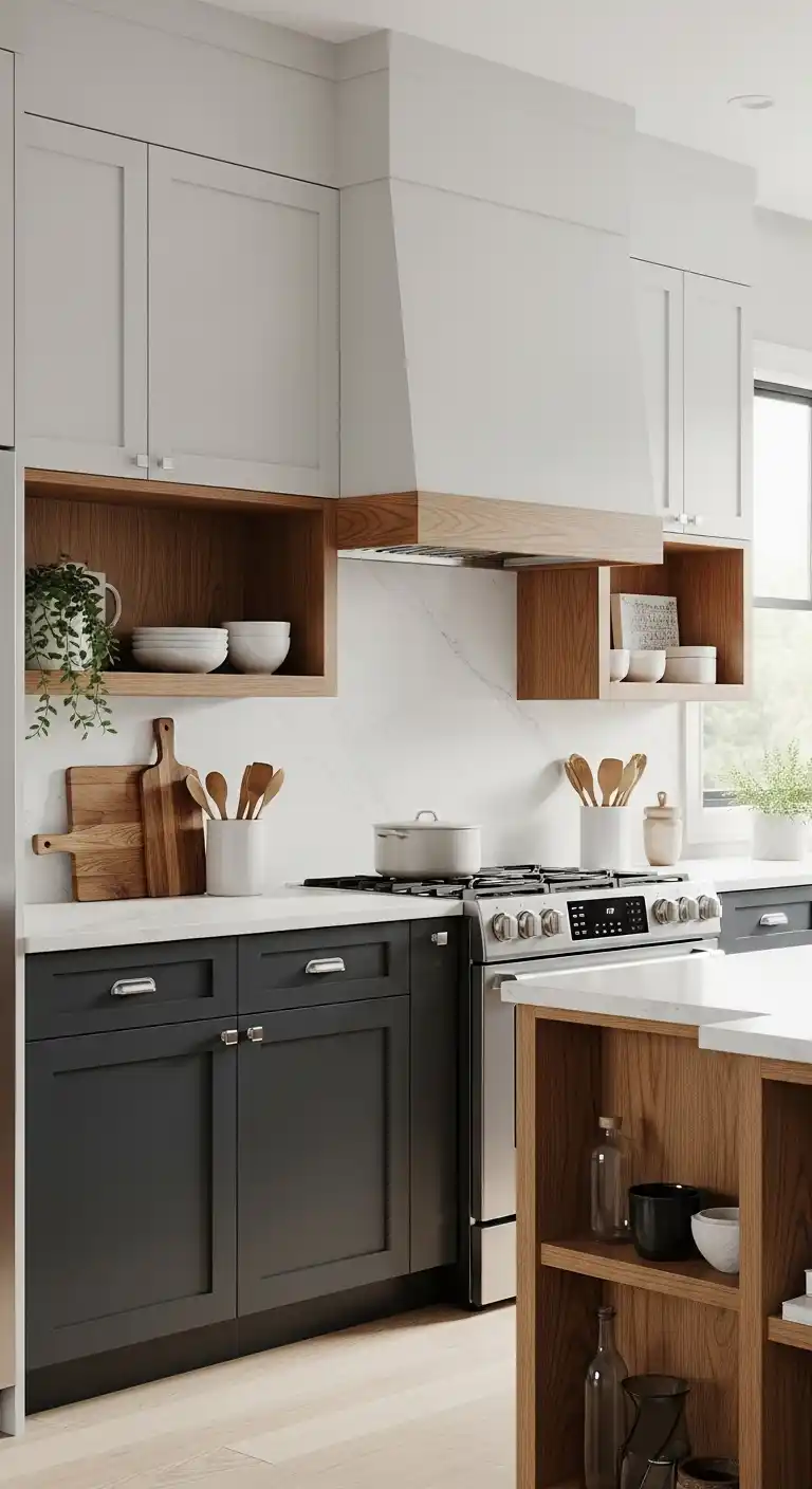 12. Two Tone Cabinets With Wood Accents