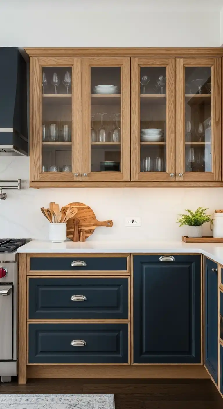 12. Two Tone Cabinets With Wood Accents