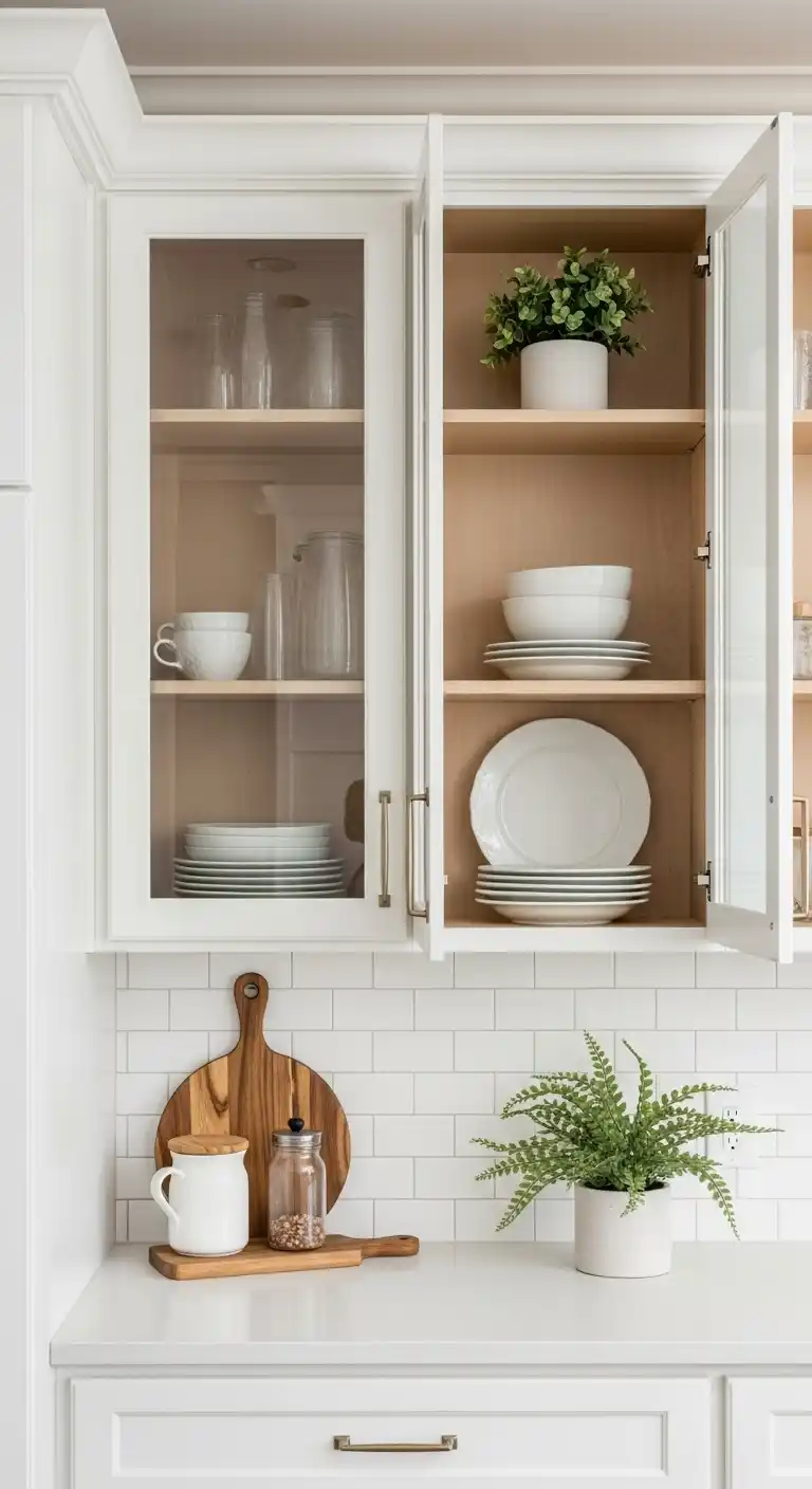 2. Open Shelving And Glass Front Cabinets