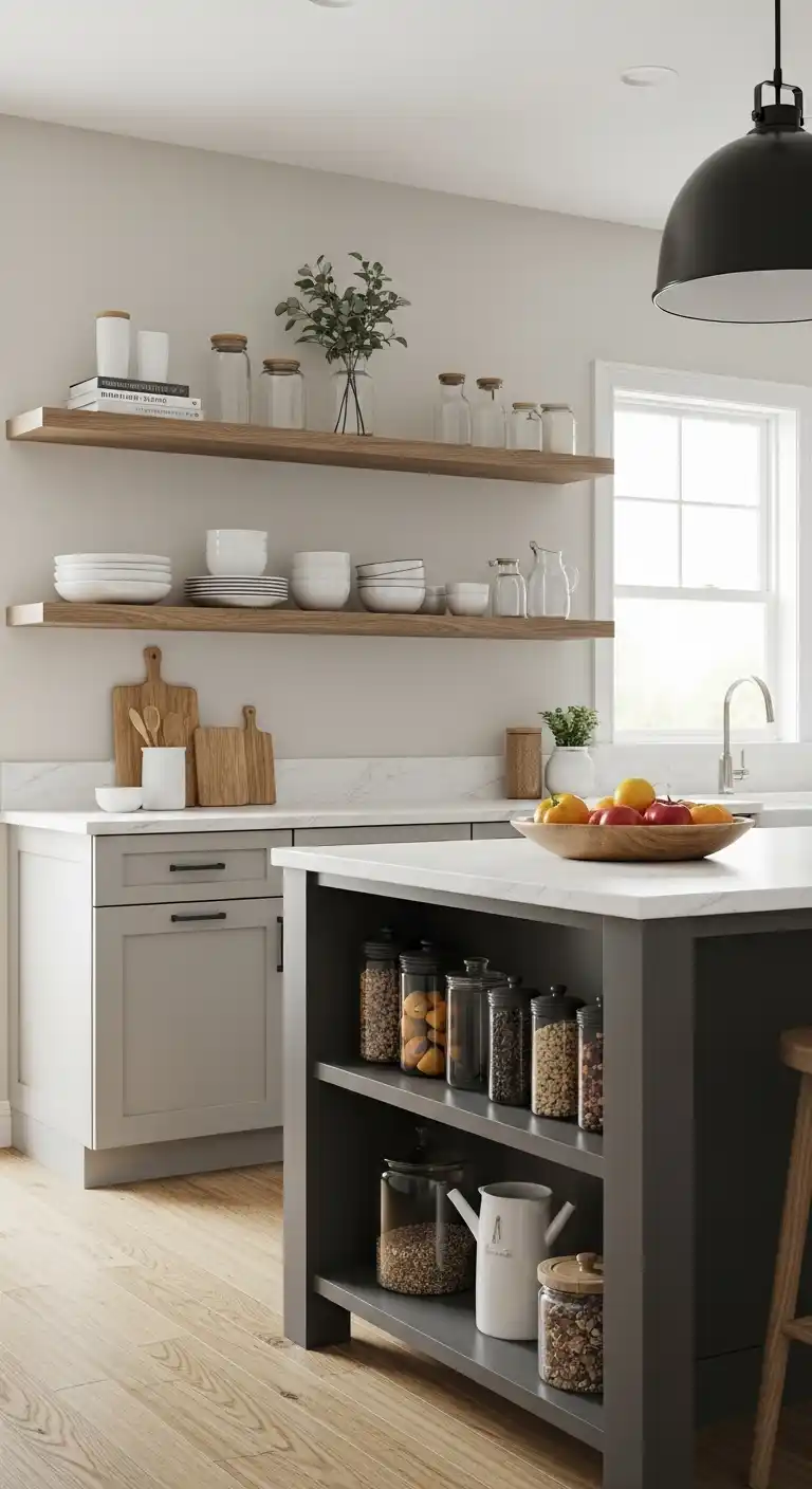 3. Island With Base Cabinets And Floating Shelves