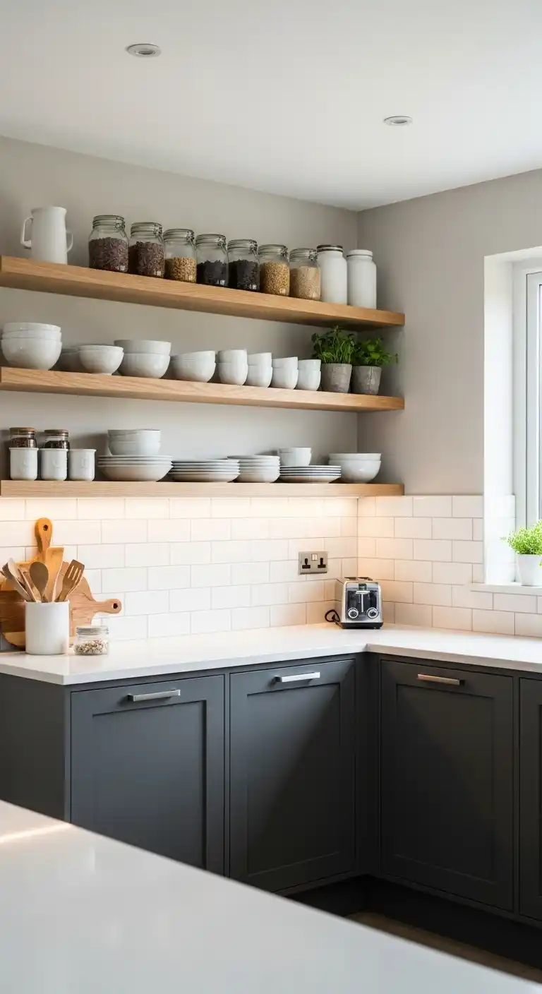 3. Open Shelving Above Cabinets