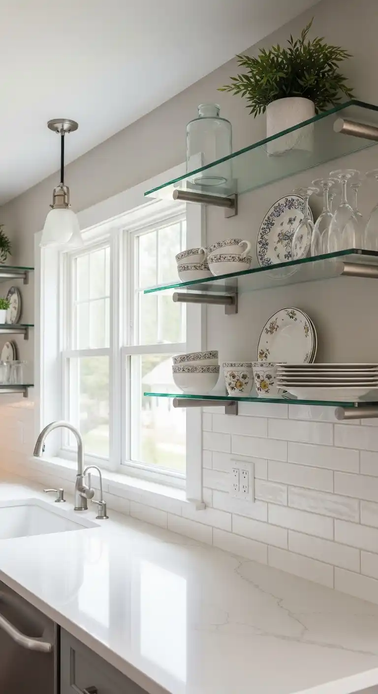 13. Floating Glass Shelves Above Counter Next To Window