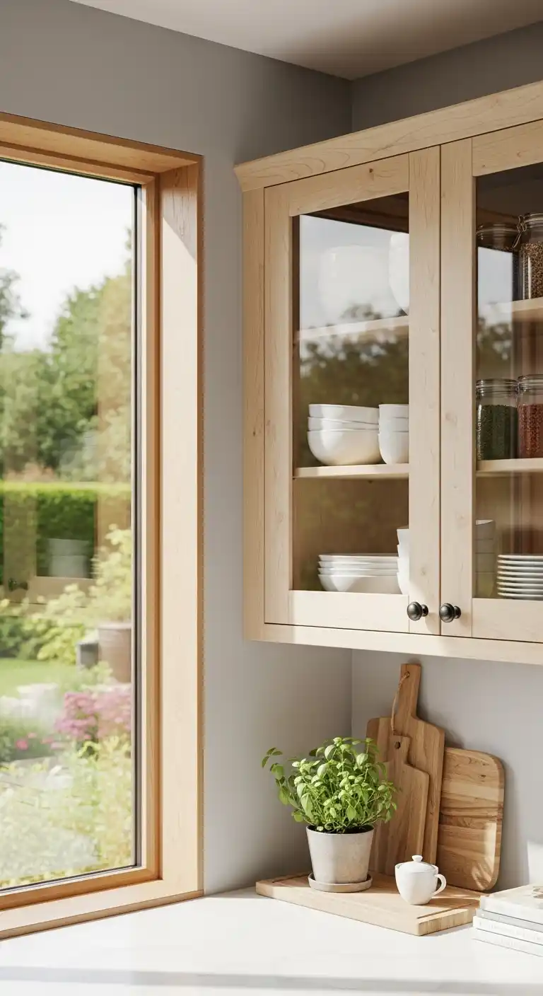 15. Upper Cabinet With Glass Inserts Next To Window